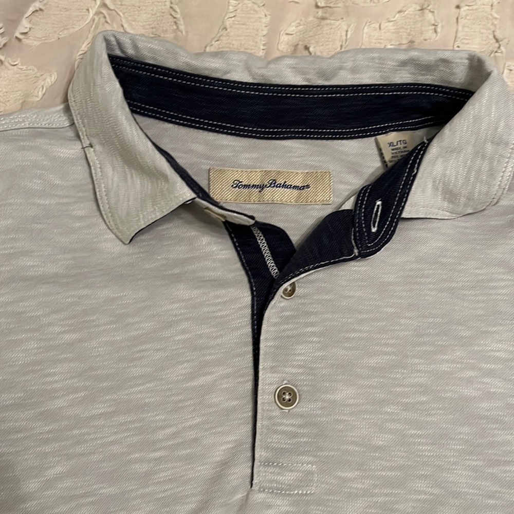 Tommy Bahama light gray heathered with navy detail polo